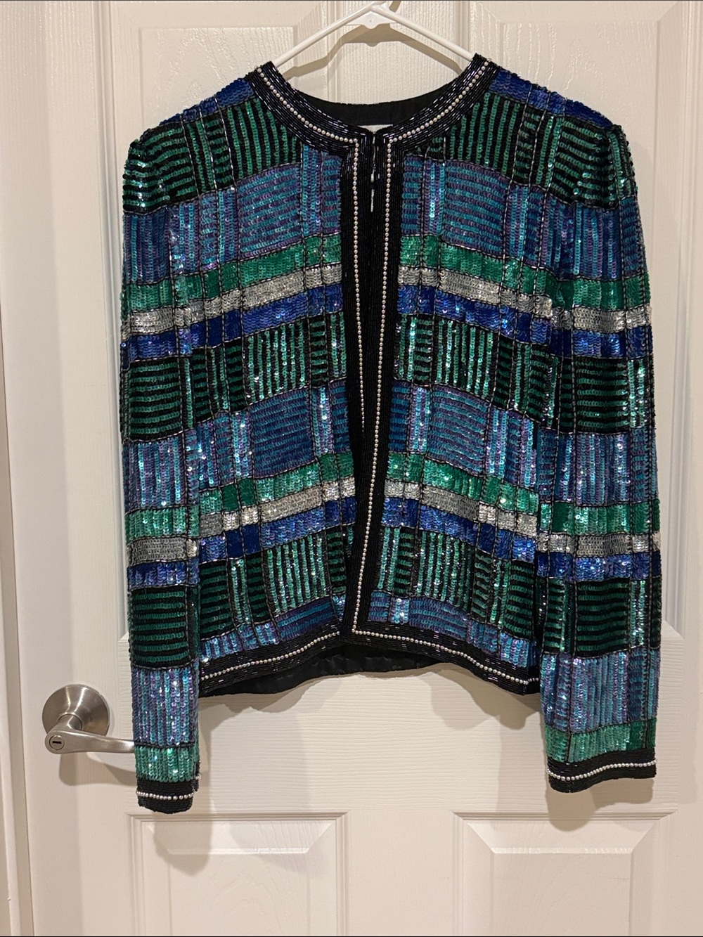 Vintage Niteline Sequin Striped Open-Front Blazer in Blue, Green & Black